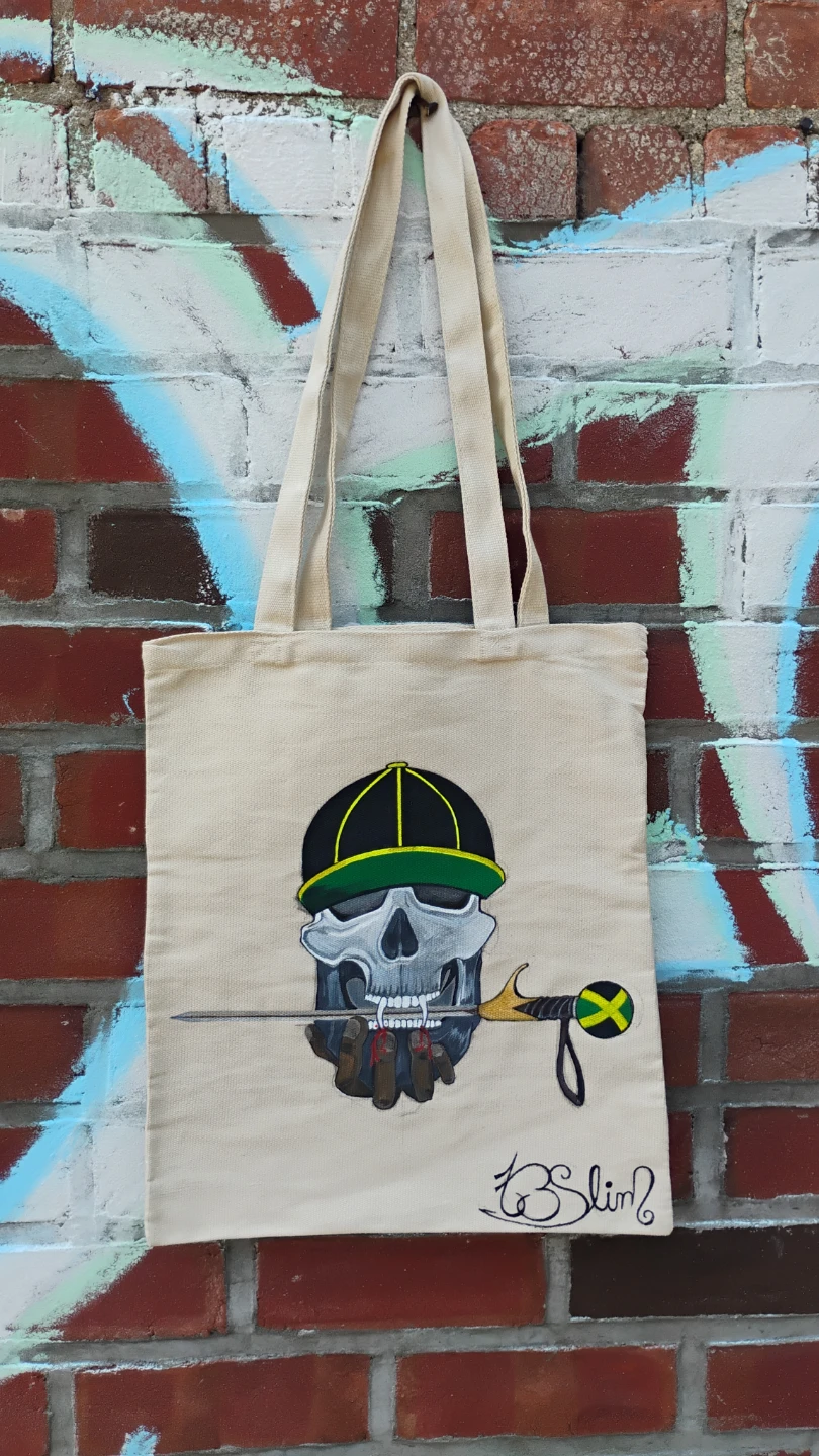 Hand painted Canvas Tote Bag with Skull Graphic