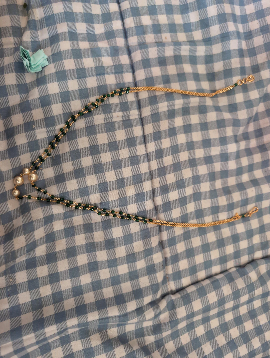 Gold Chain Necklace with Green Beads and Pearls - photo 2