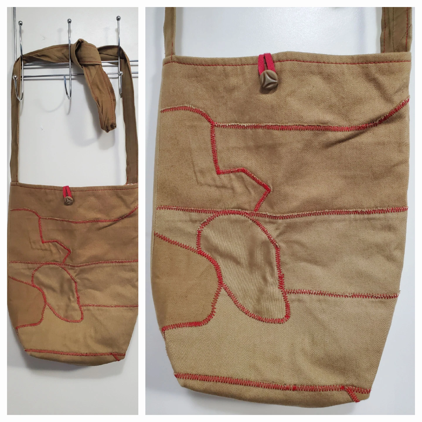 Tan Cloth Messenger Bag with Red Stitching