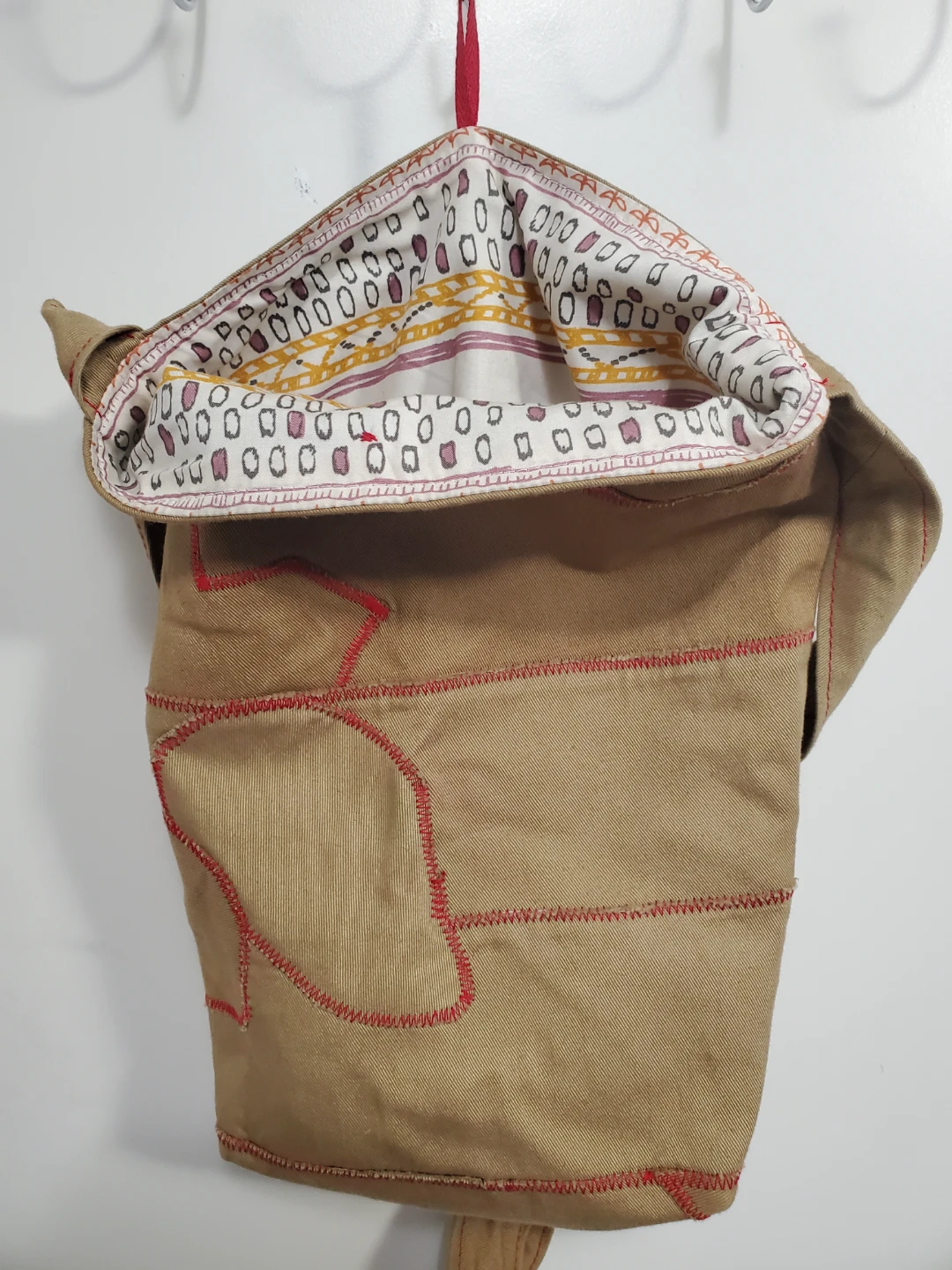 Tan Cloth Messenger Bag with Red Stitching - photo 2