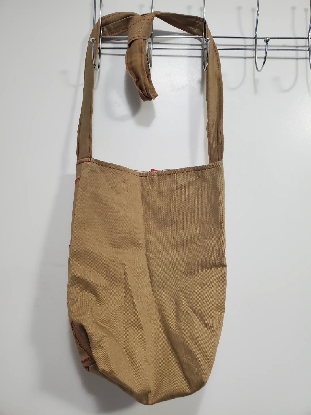 Tan Cloth Messenger Bag with Red Stitching - photo 3