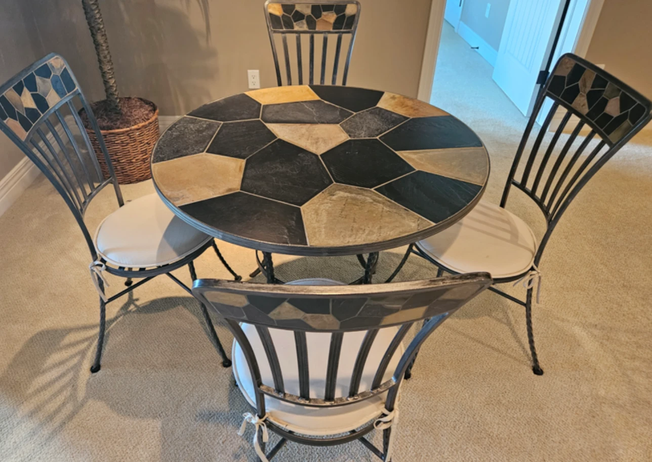 Round Stone-Top Dining Table with 4 Matching Chairs