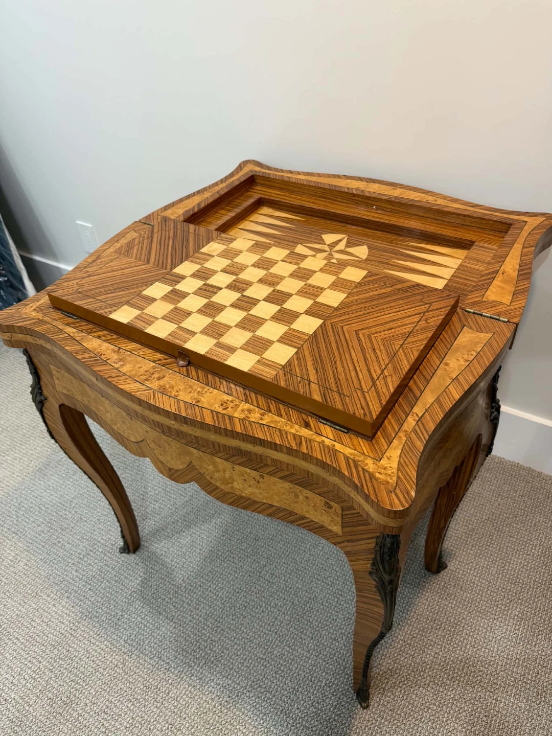 Vintage Inlaid Wood Game Table with Chess and Backgammon Boards - photo 5