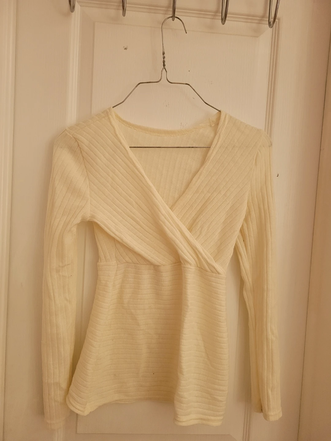 Cream Ribbed Wrap Long Sleeve Top