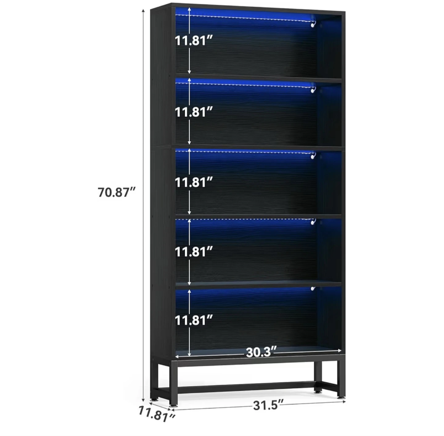 Black 5-shelf bookcase with LED lighting - photo 2