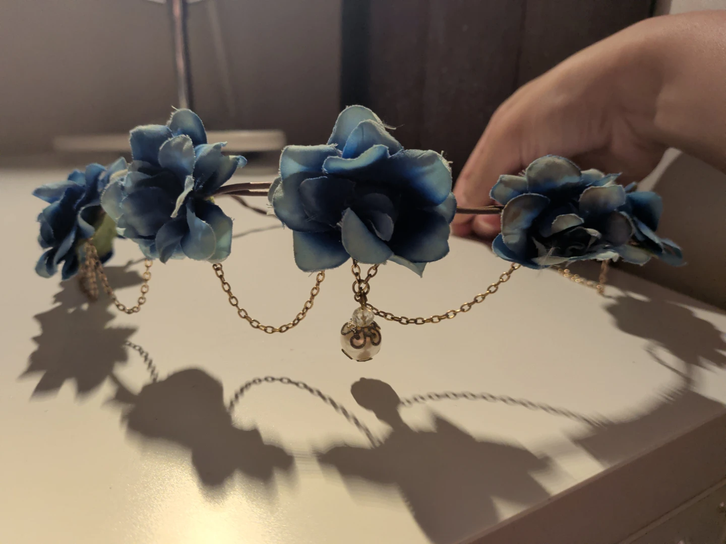 Blue Floral Crown with Gold Chain Accent