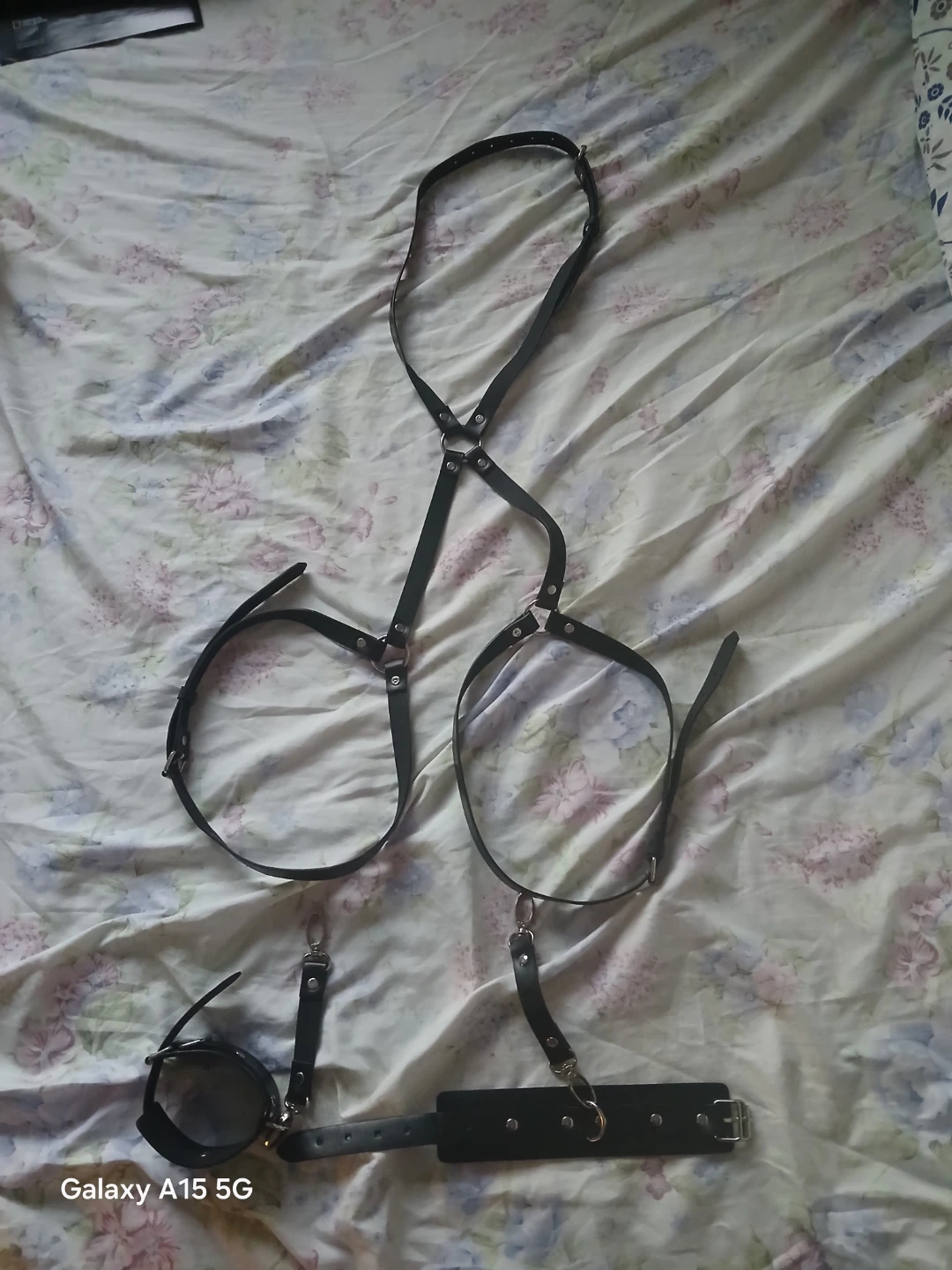 Black Faux Leather Harness Set with Cuffs