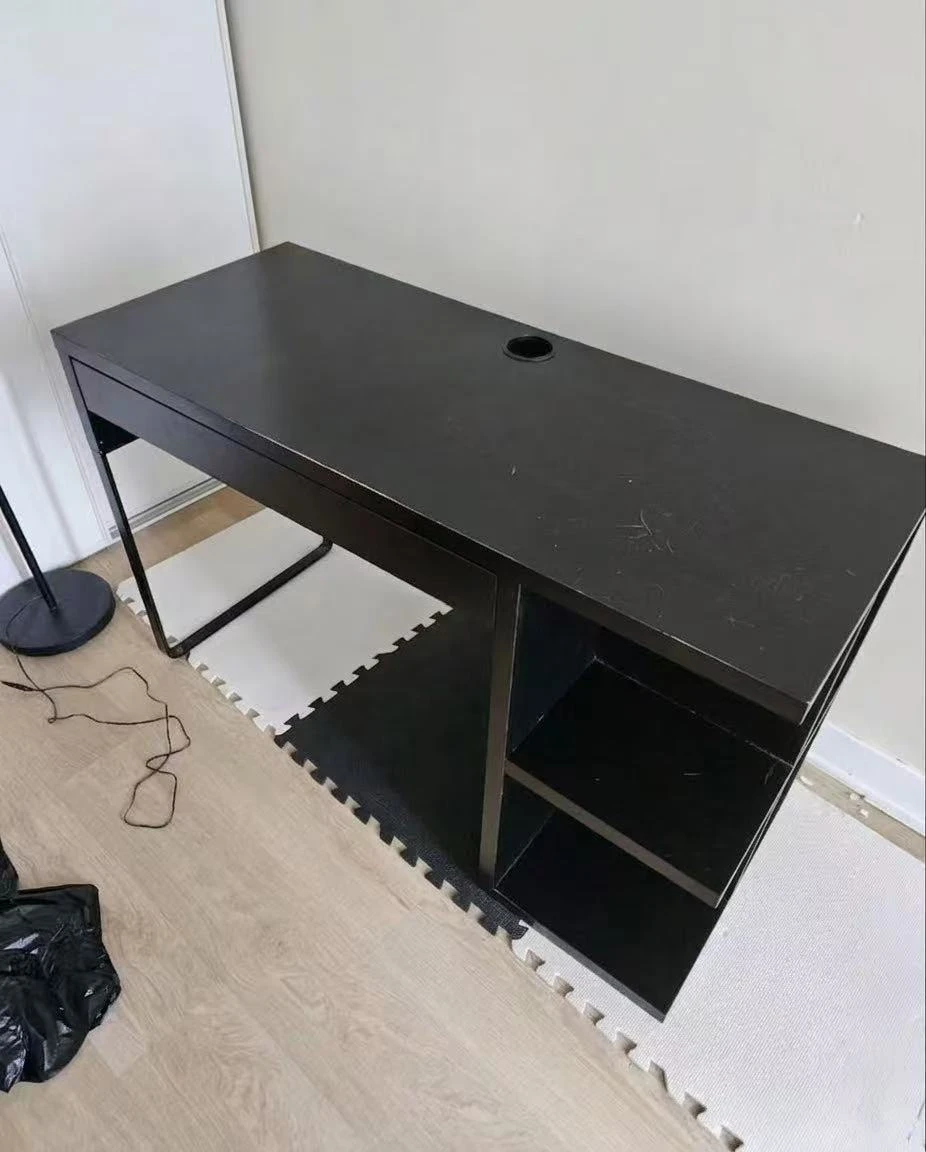 Dark Wood Desk with Shelving and Cable Hole