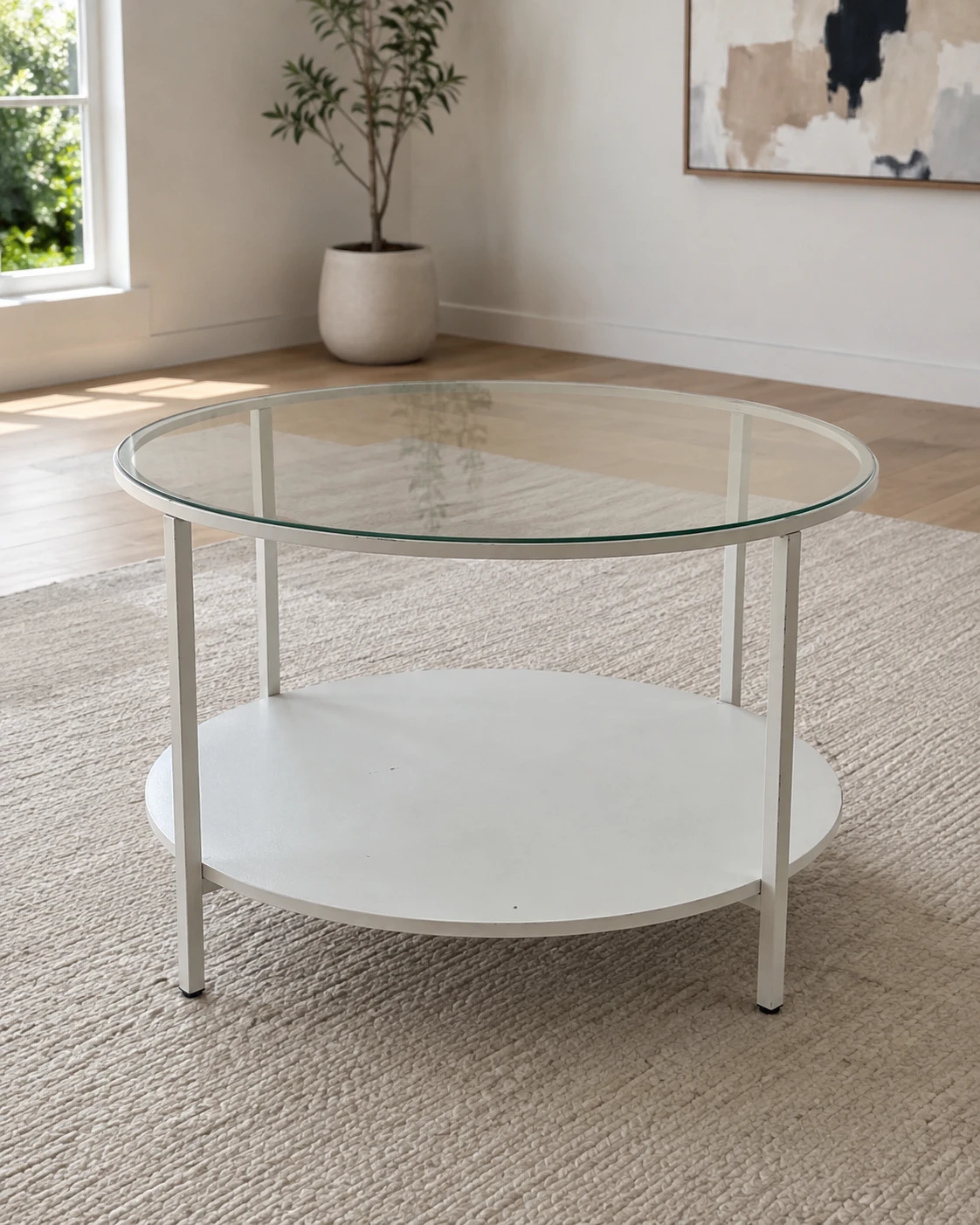 Round Glass Top Coffee Table with Shelf