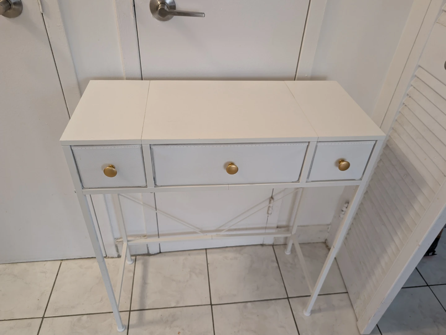 White 3-Drawer Console Table with Gold Knobs