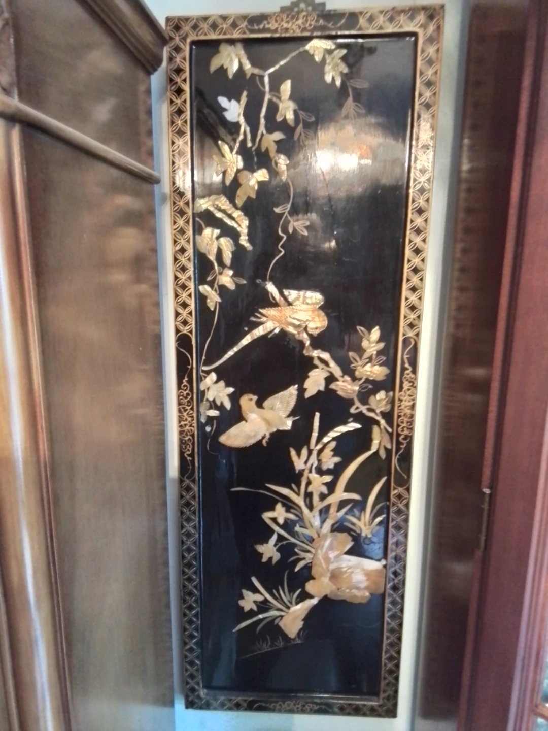 Vintage Black Lacquer Wall Panel with Birds and Flowers - photo 2