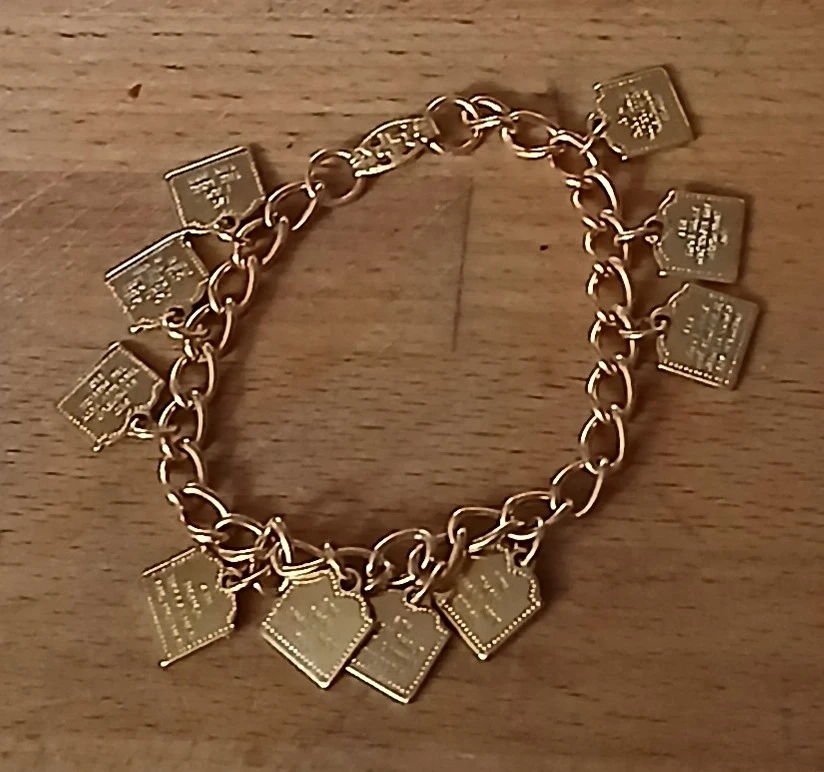 6 inch Gold Tone ten Commandments Charm Bracelet
