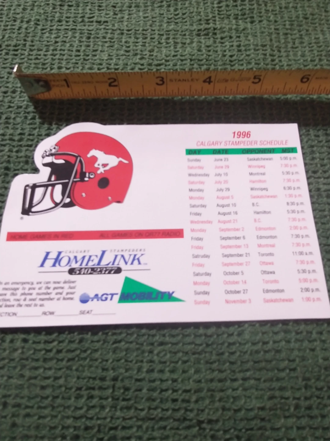 1996 Calgary Stampeders Schedule Magnet