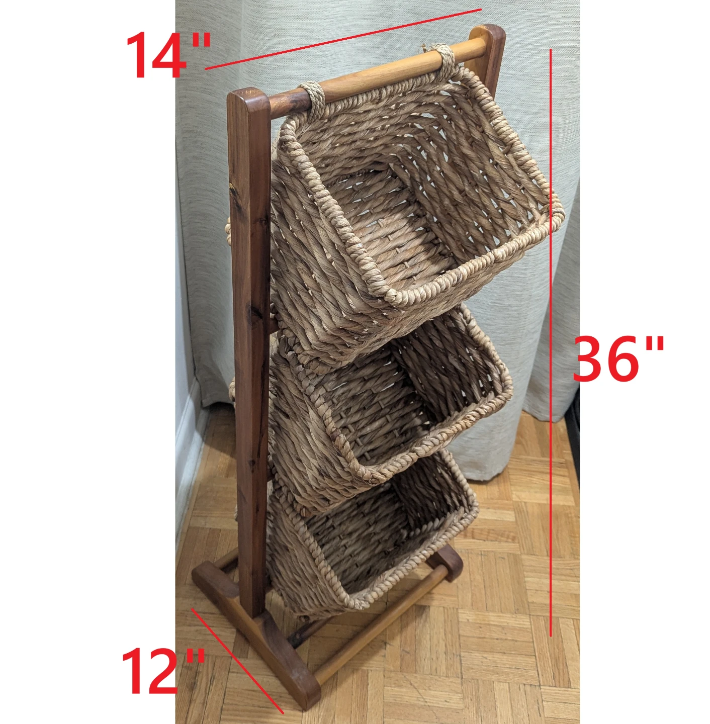 Rattan Bamboo Wood Wicker 3-Tier Floor Storage Basket Rack