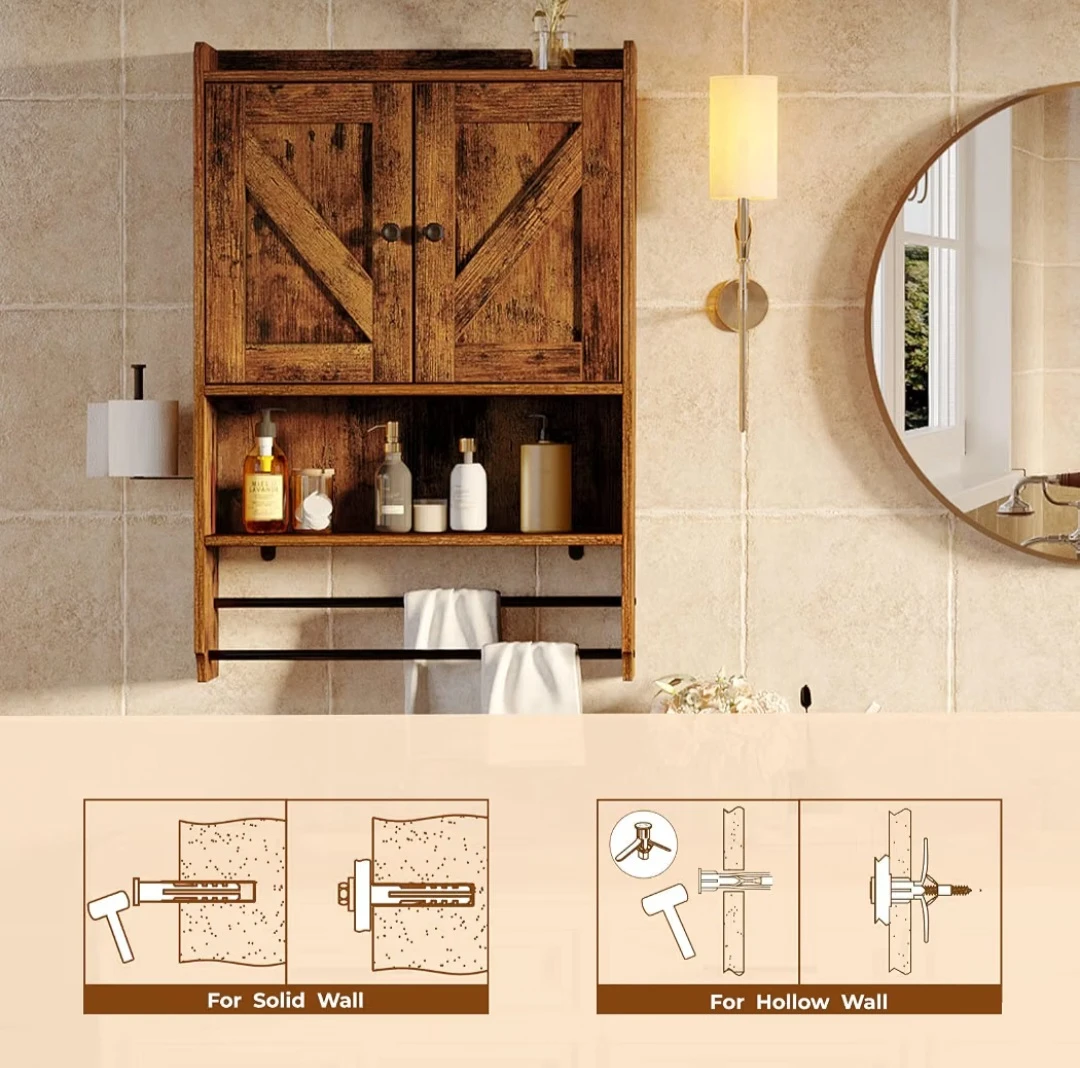 Rustic Wood Wall Cabinet with Towel Bars - photo 3