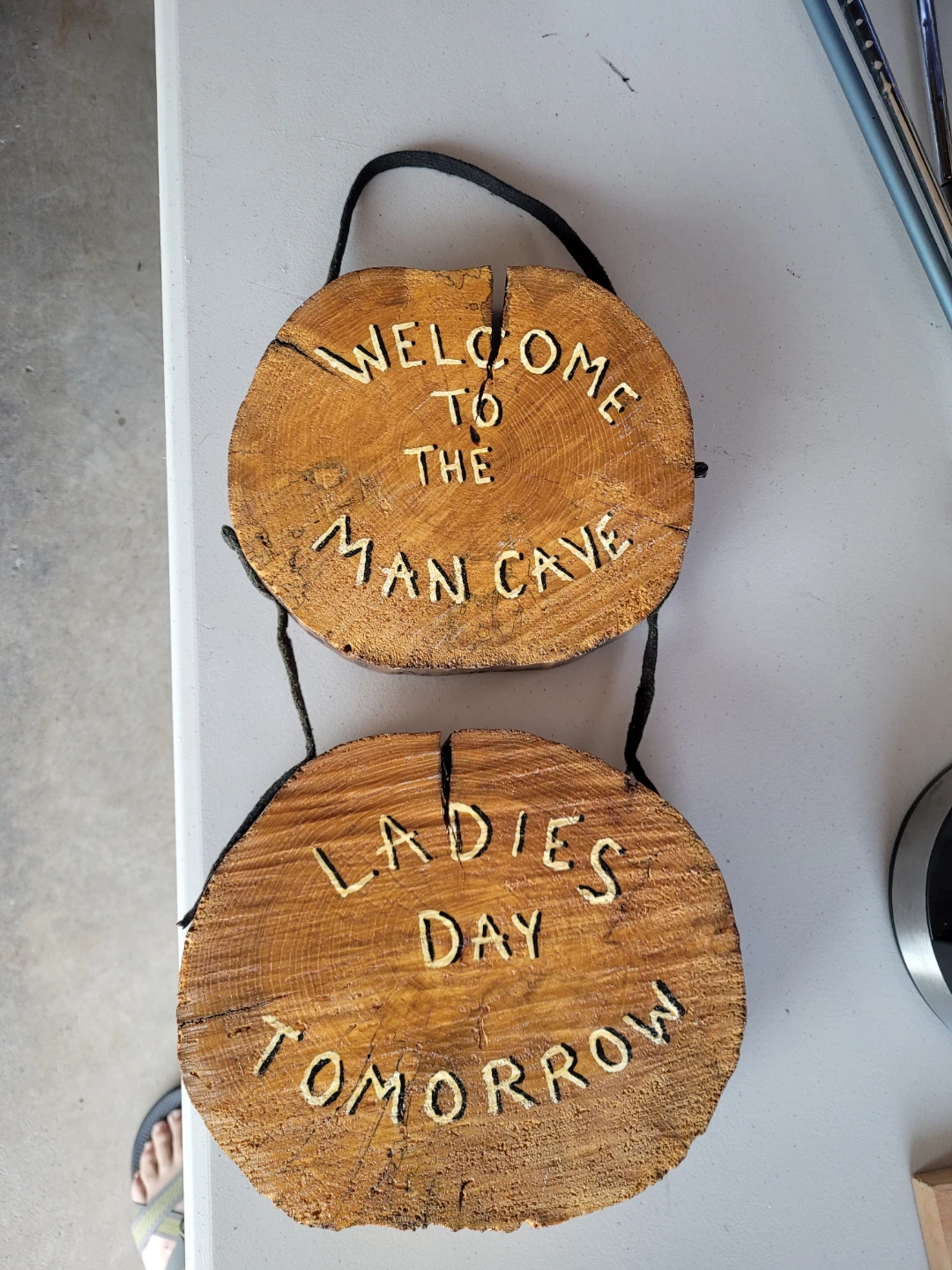Handmade Wood Slice Signs - "Man Cave" & "Ladies Day Tomorrow"