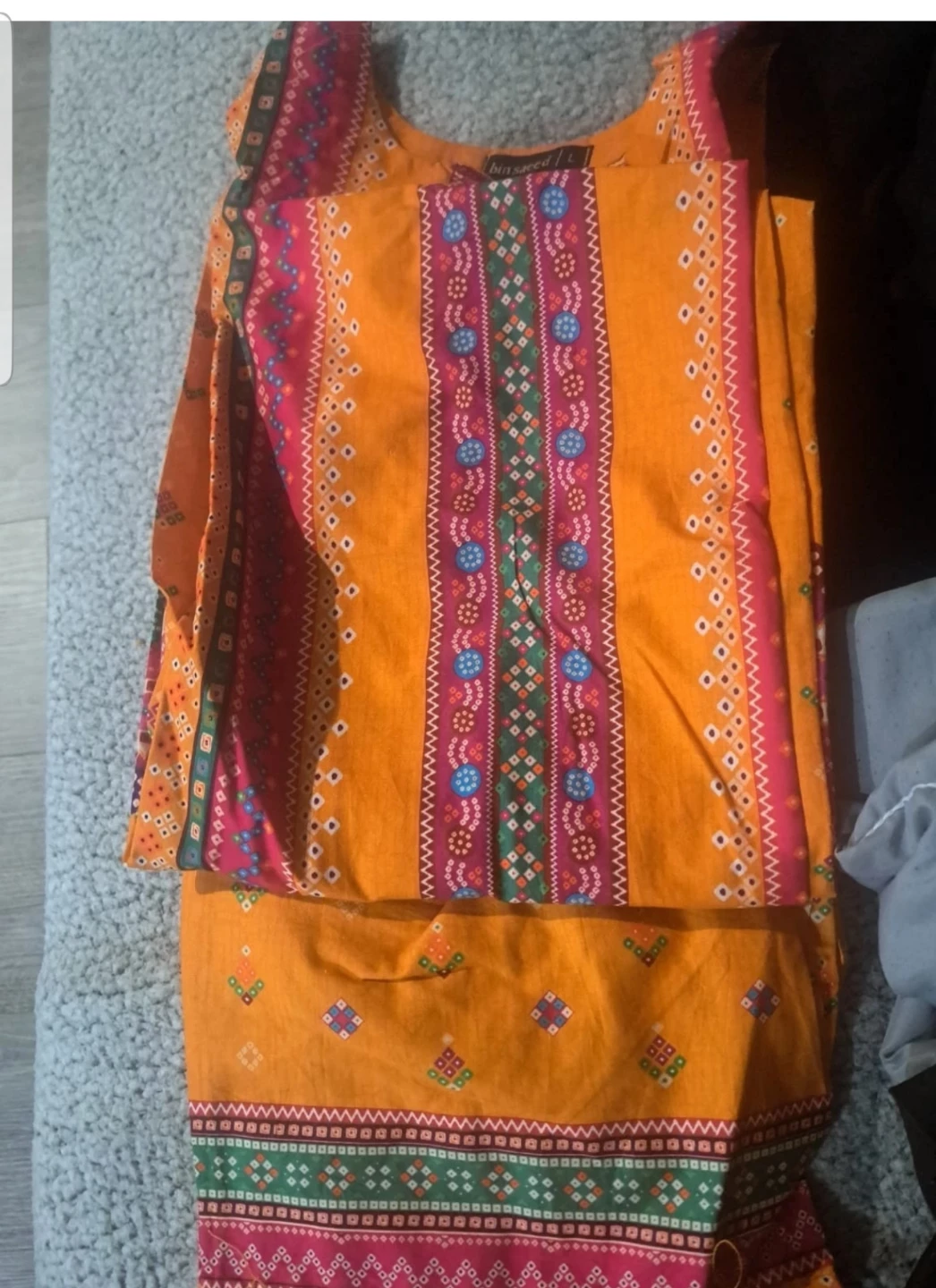 Bin Saeed Orange Print Kurta Shalwar Suit - Size L