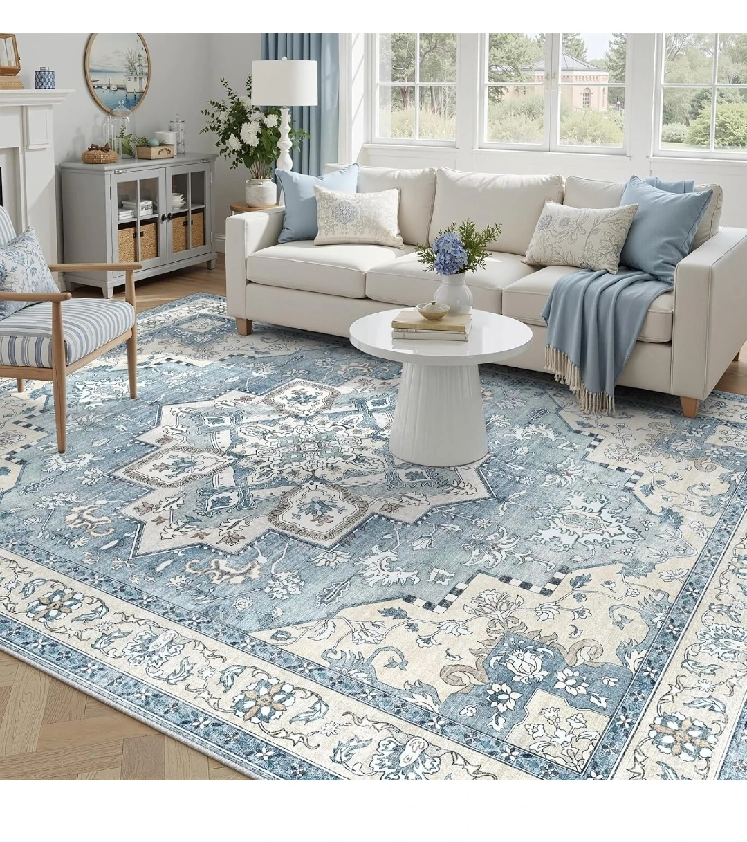 DADASGK Area Rug 6x9 ft Cream White & Blue