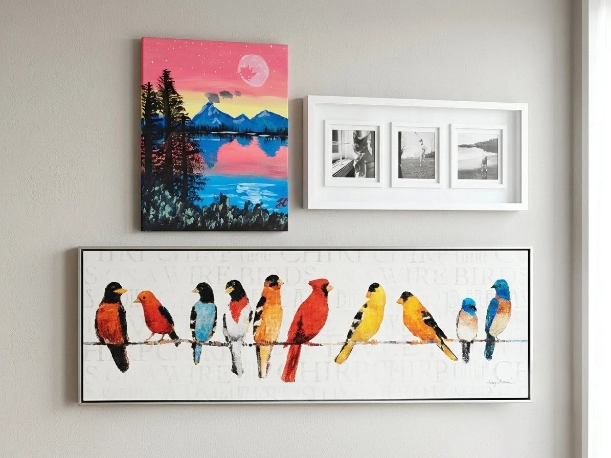 Wall Decor. Bird Canvas, Sunset Painting, White Collage Frame