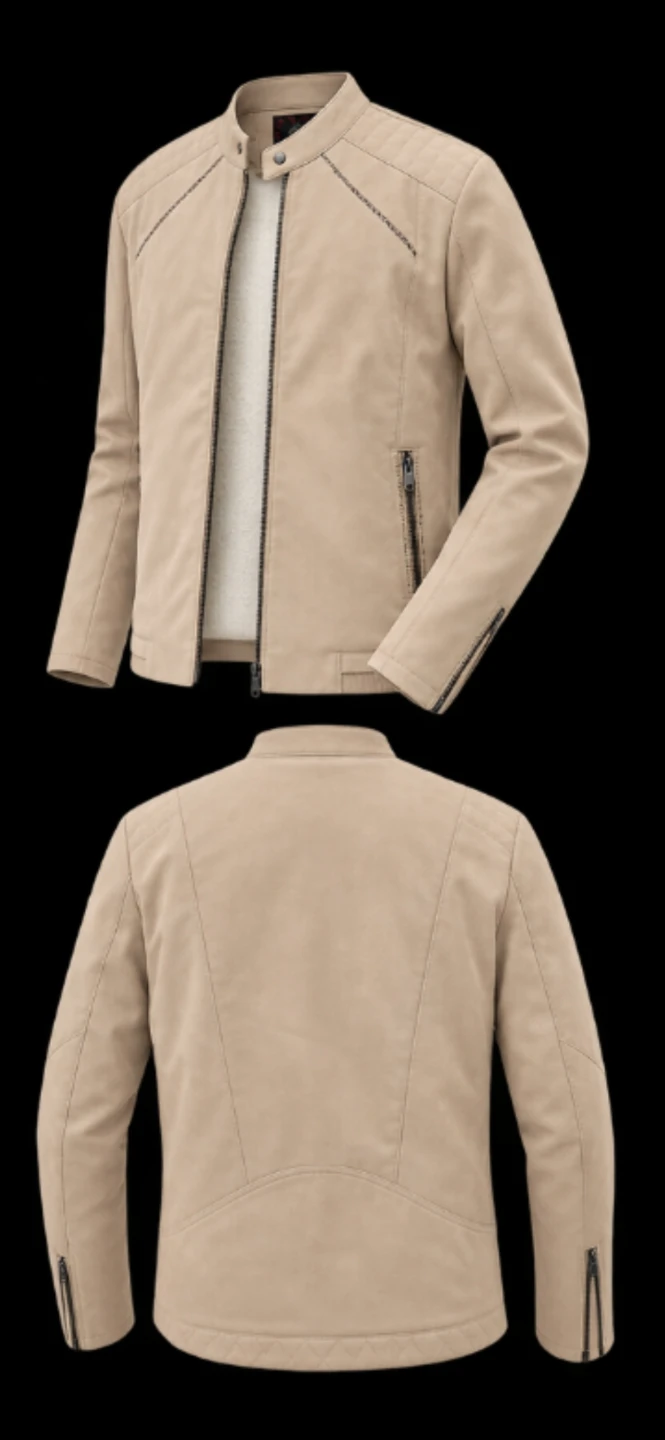 Cartelo Men's Beige PU Leather 65% & 35% Cotton Racer Jacket - photo 2