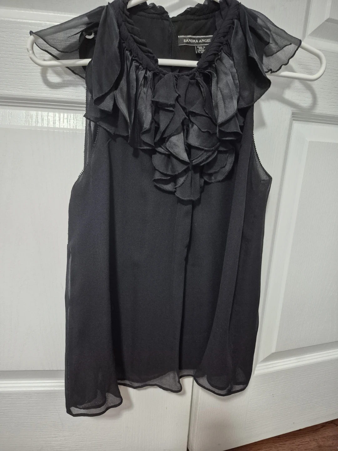Sandra Angel Green Black Ruffle Neck Blouse