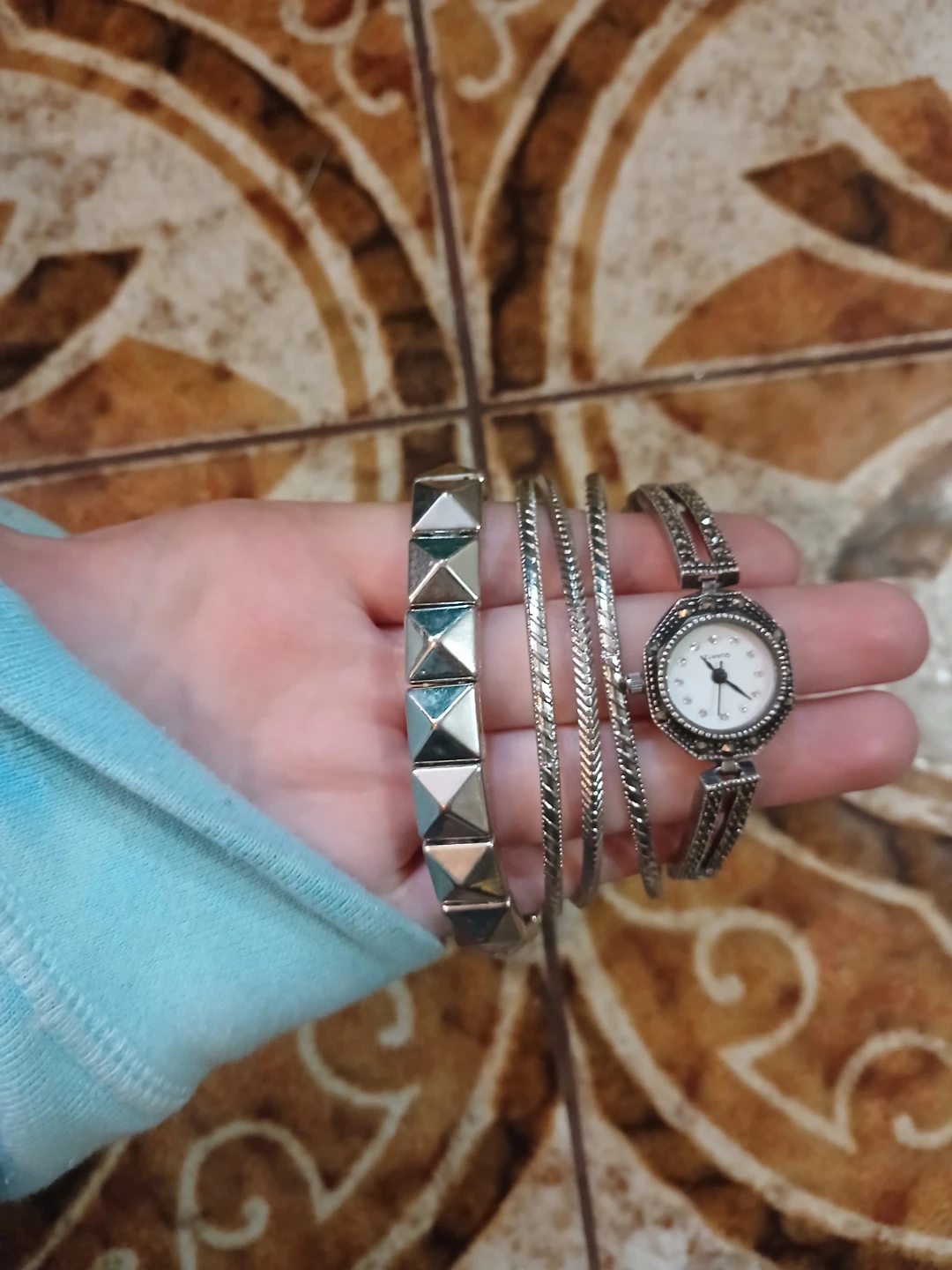 real Silver-tone Studded Bracelet and Bangles Set with Watch