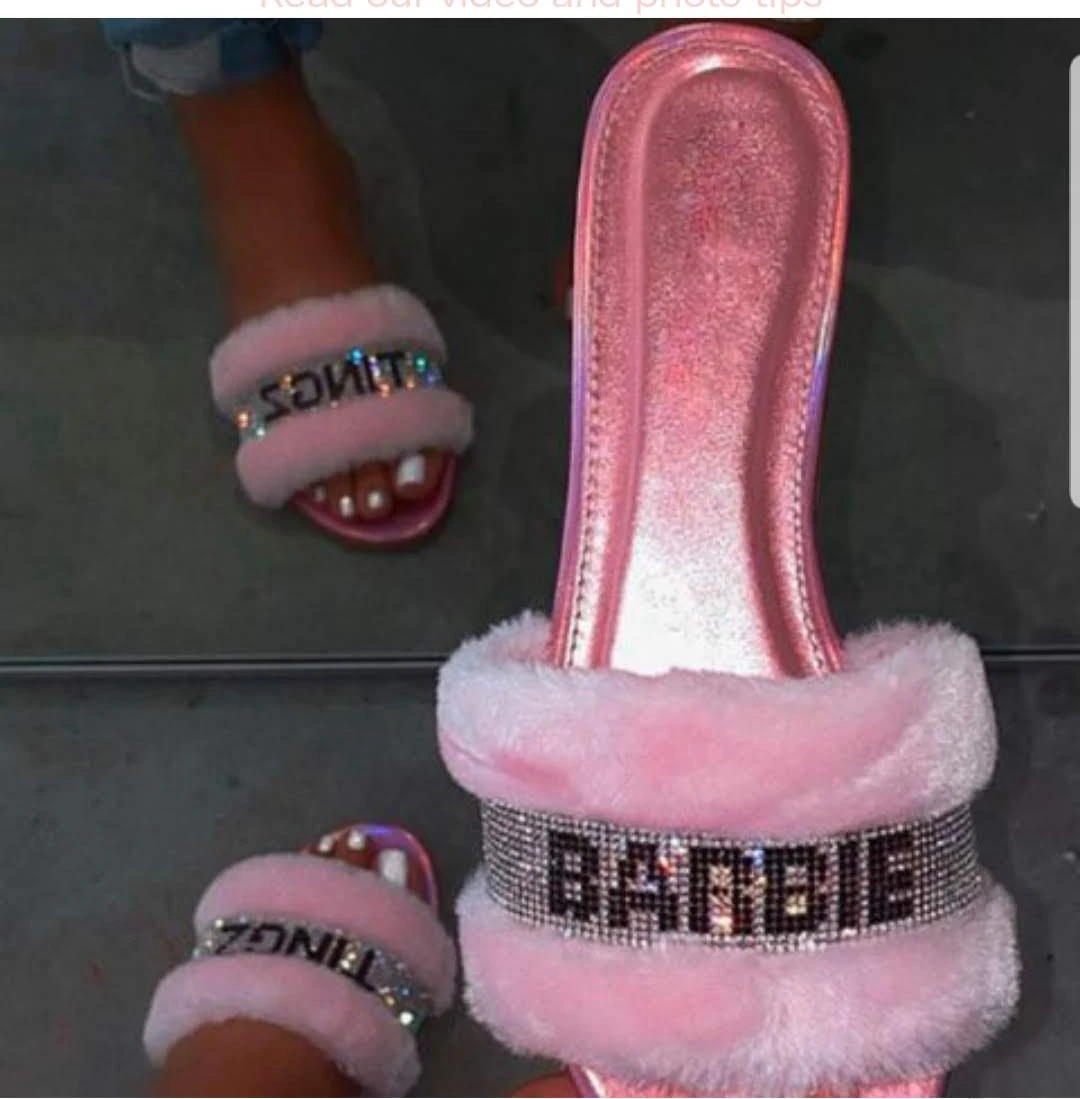 Pink Barbie tingz Slides with Fur Trim size 7