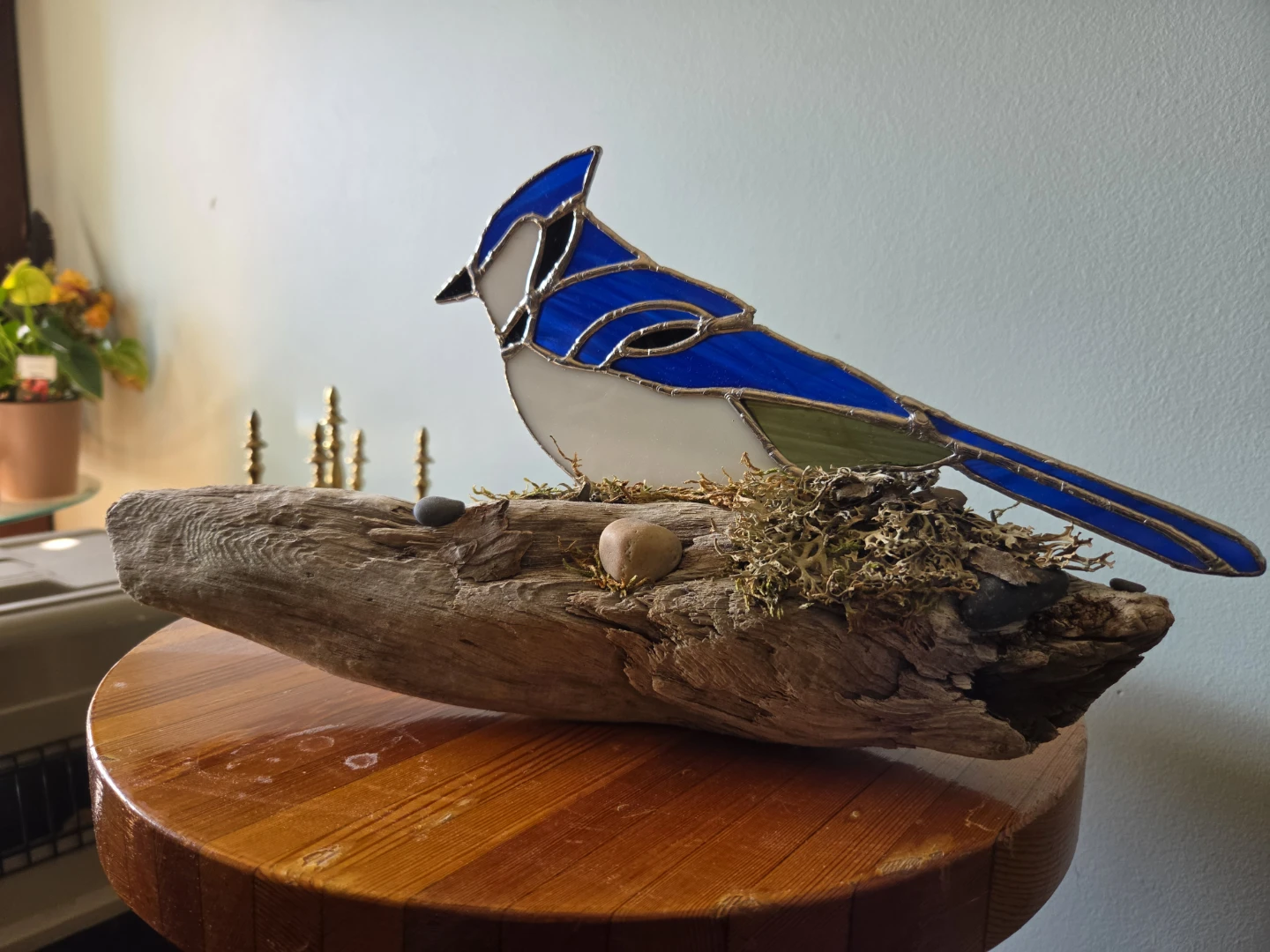 Stained Glass Blue Jay on Driftwood