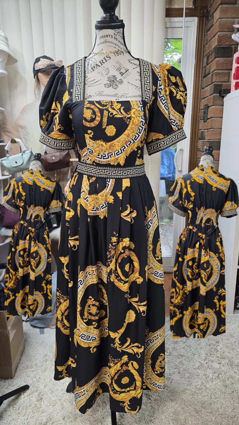 Women's Black and Gold Baroque Print Dress