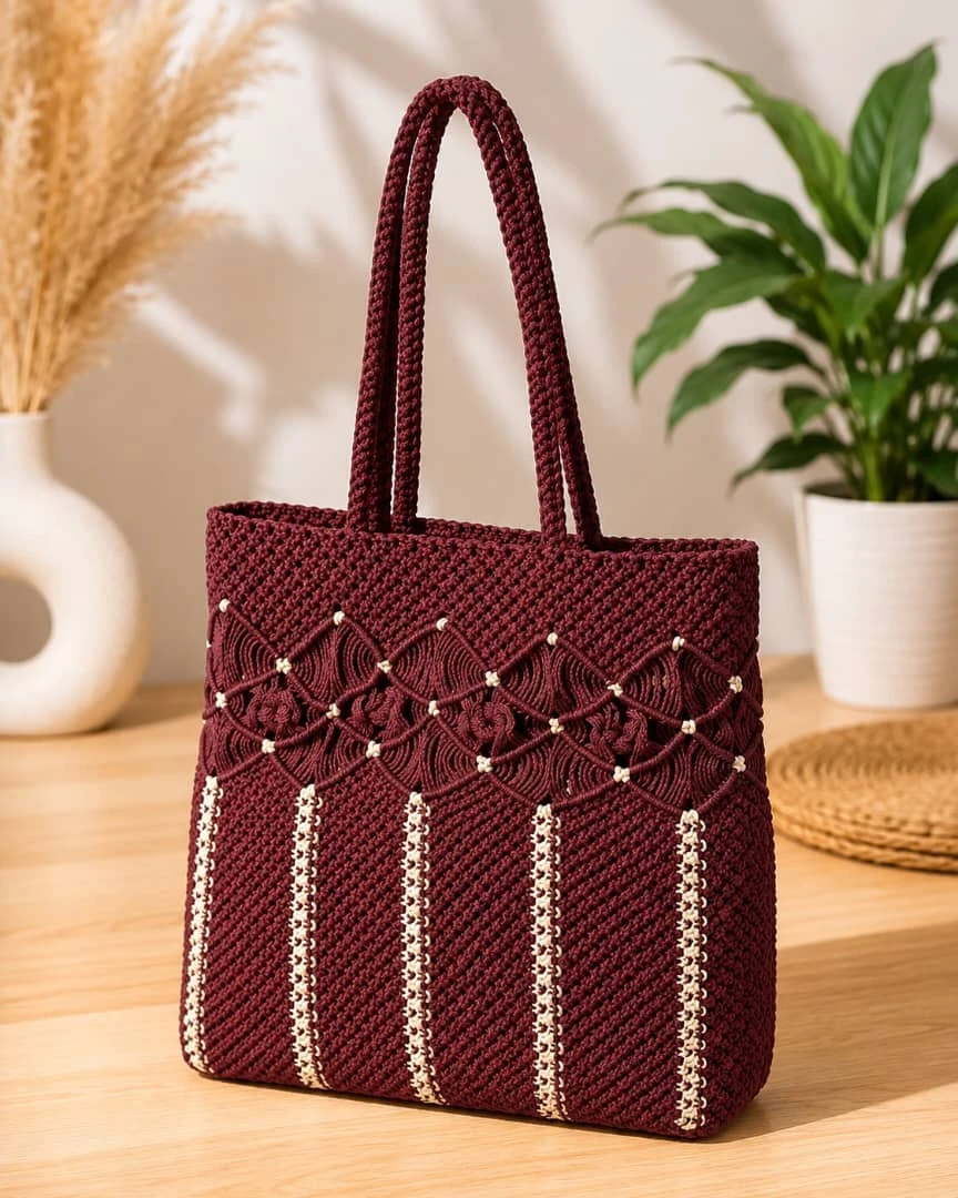 Maroon Macrame Tote Bag