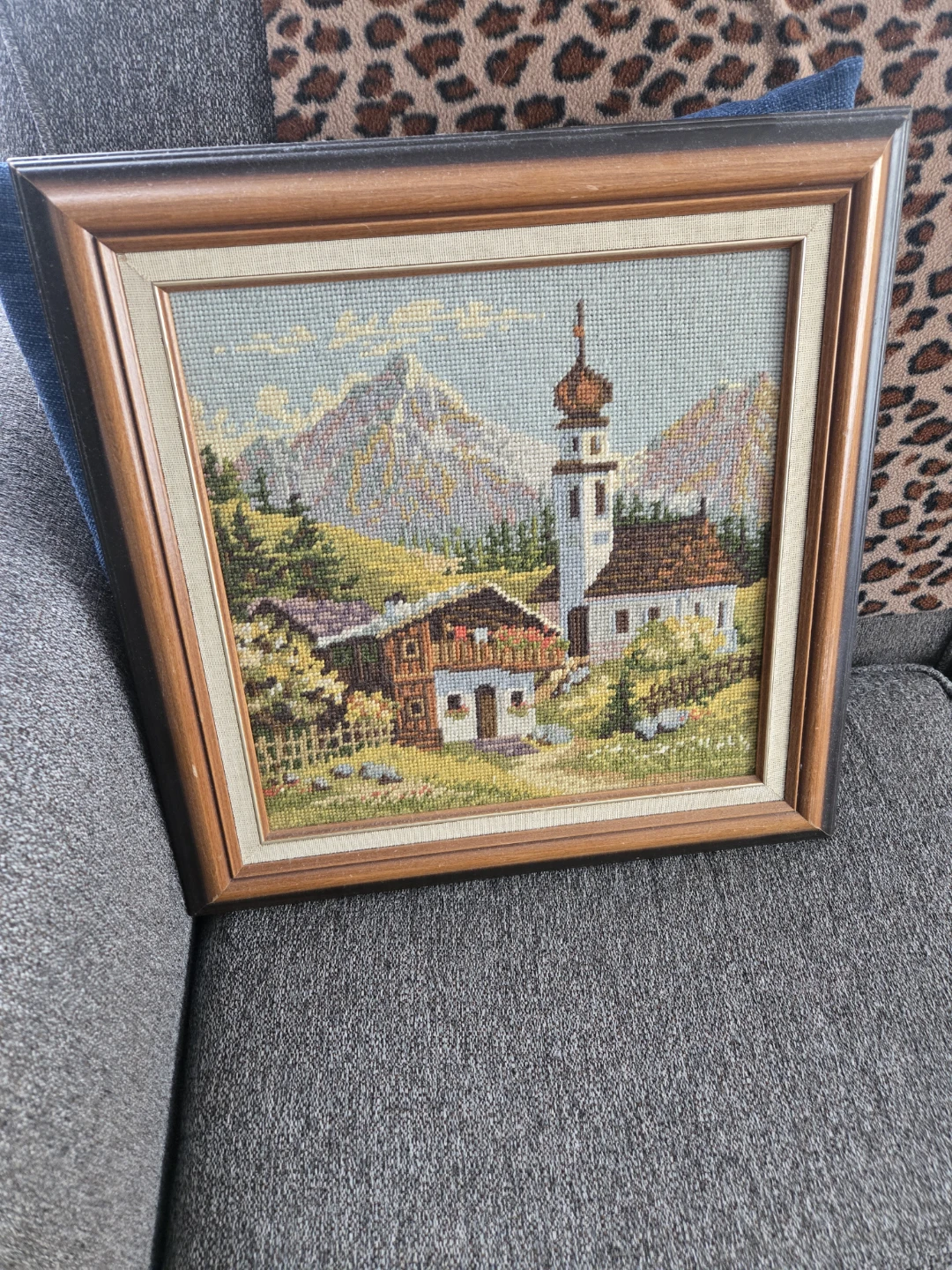 Framed Needlepoint Art - Alpine Village Scene