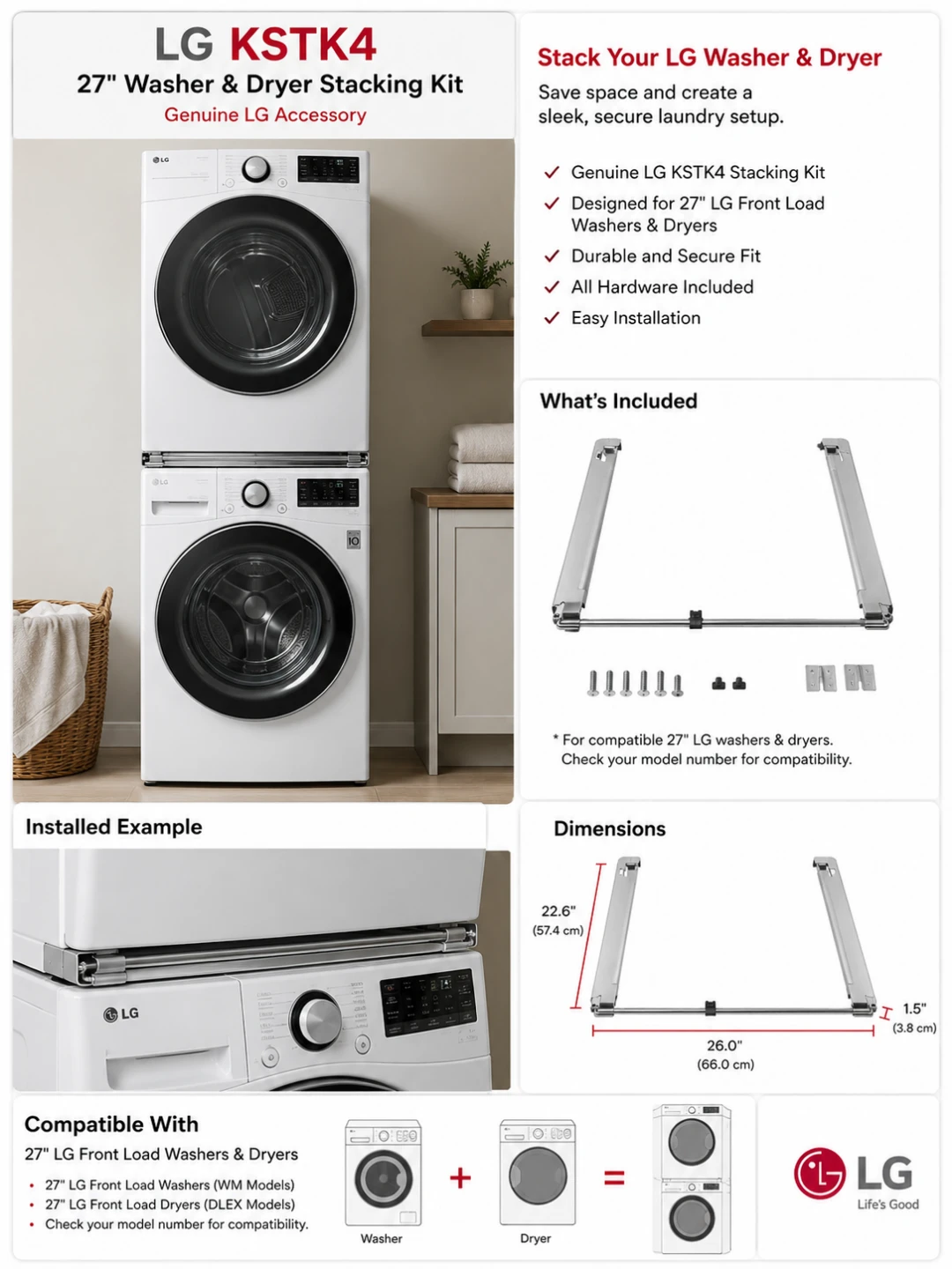 New LG KSTK4 27" Washer & Dryer Stacking Kit
