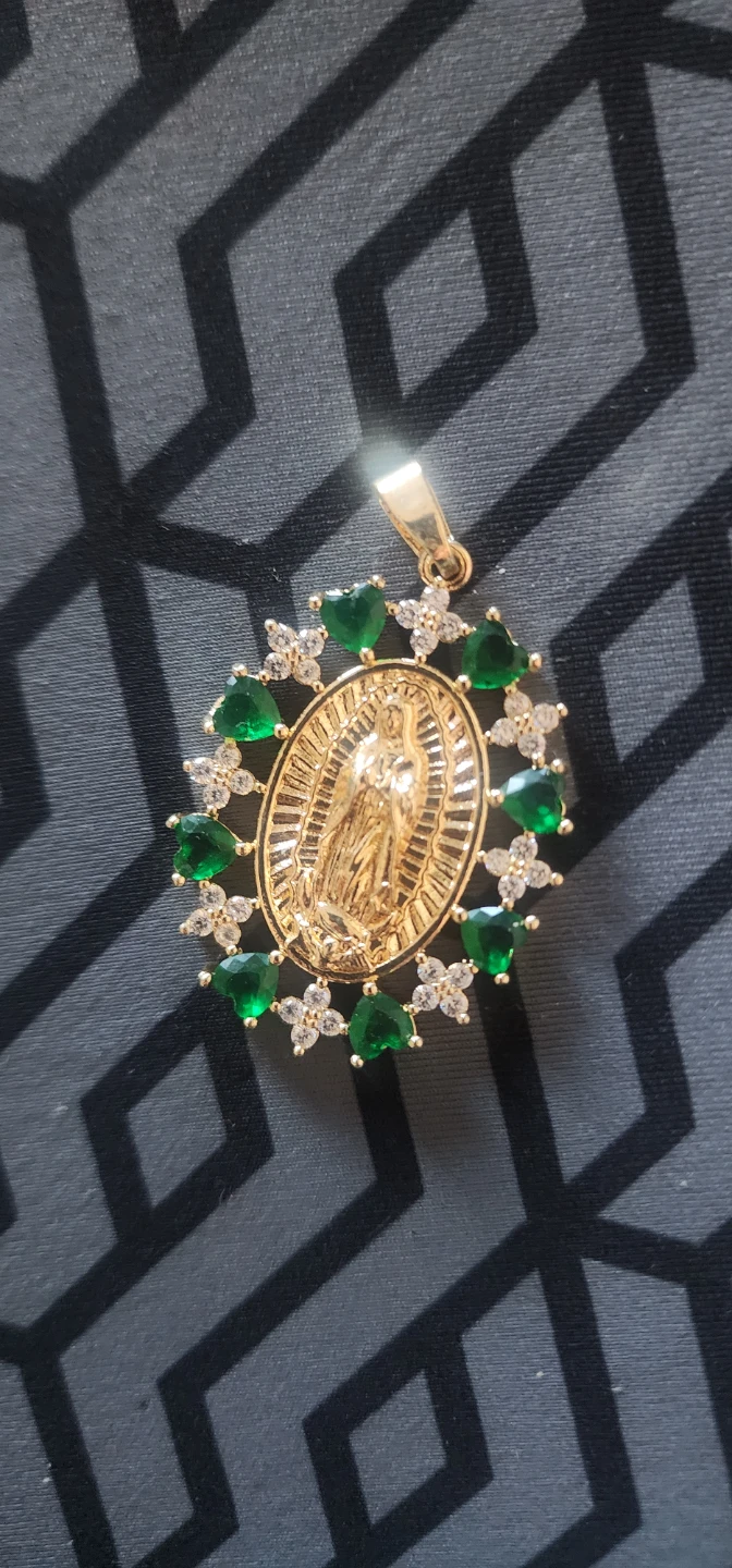 Gold platted Virgin Mary Pendant with Green and White Stones