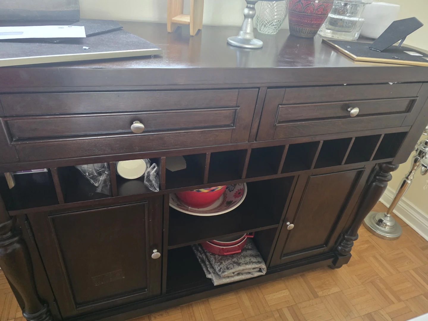 Dark Wood Buffet with Wine Rack and Cabinet Storage