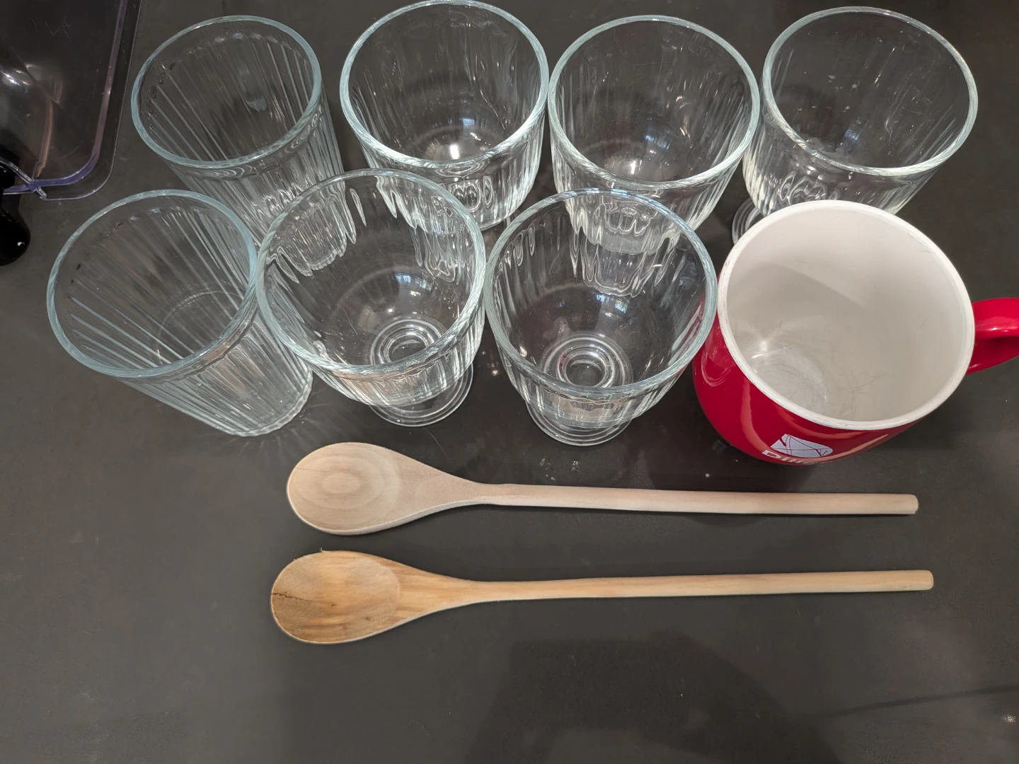 Glasses, mug and spoons