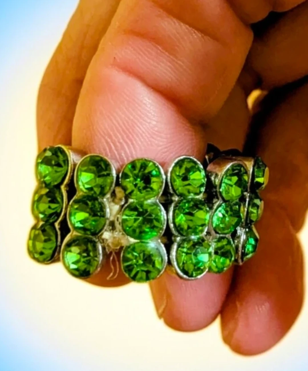 Vintage Triple Row Emerald Green Rhinestone Crystal Stretch Ring - photo 5