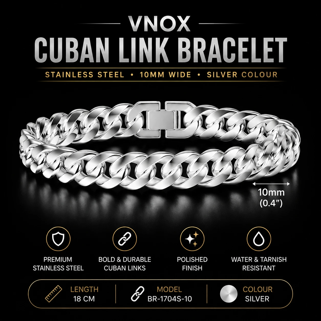 VNOX Cuban Link Bracelet - 10mm Wide, Silver