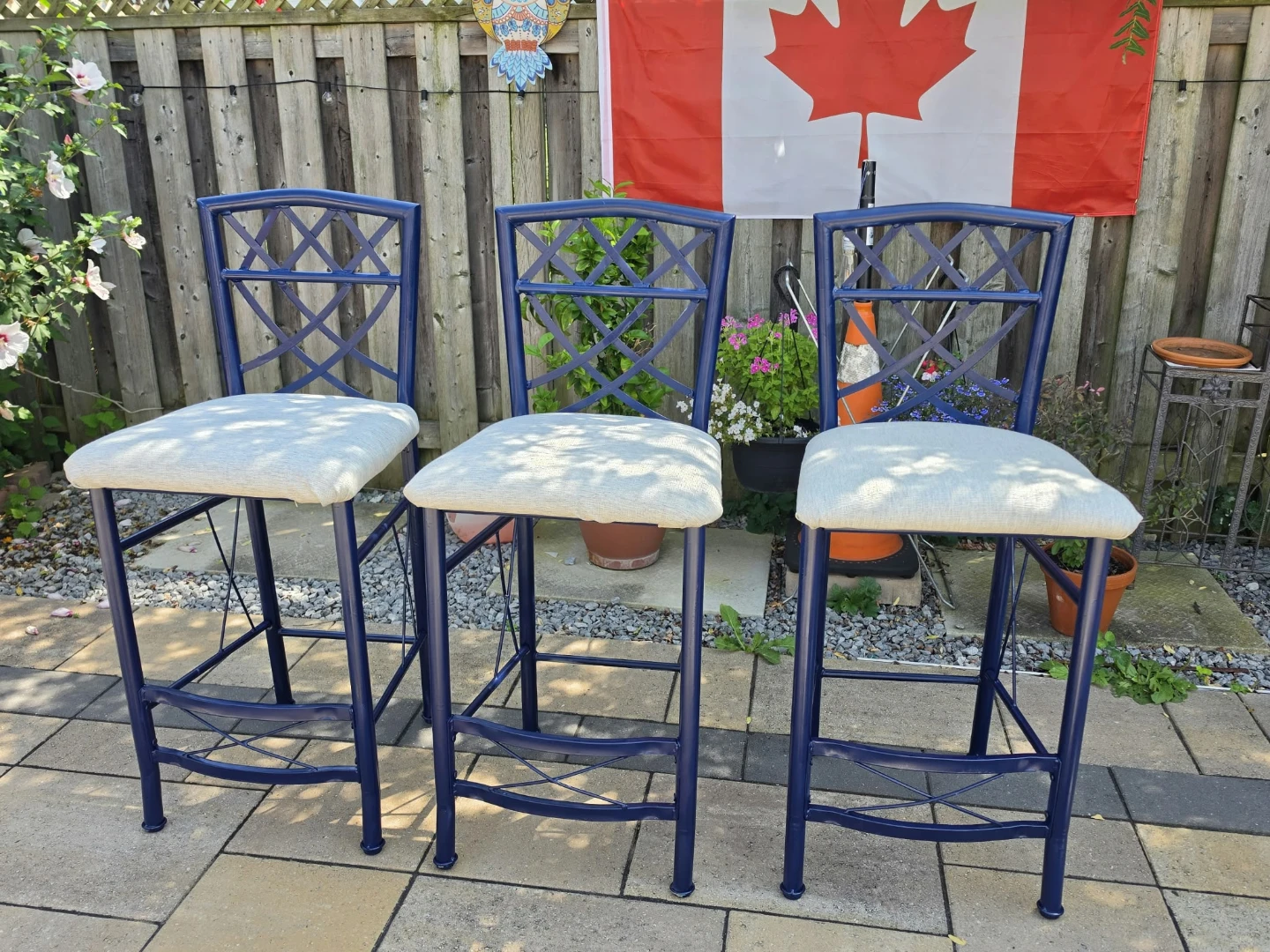 3 Blue Bar Stools with Padded Seats