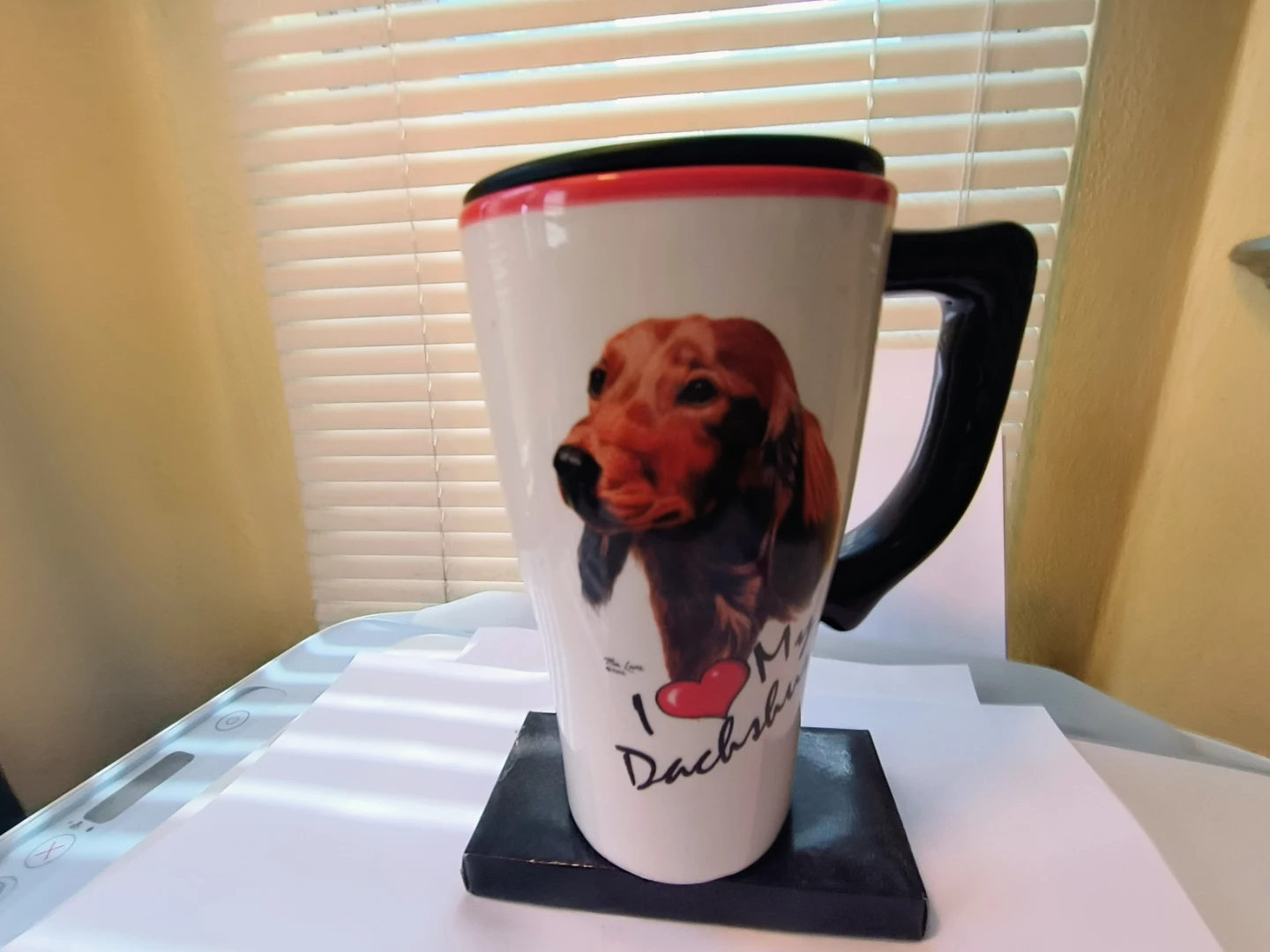 Travel Mug I Love Dachshounds signed about 6 1/4 tall
