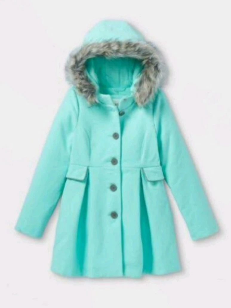 Cat & Jack Girls Mint Hooded Faux Fur Trimmed Coat