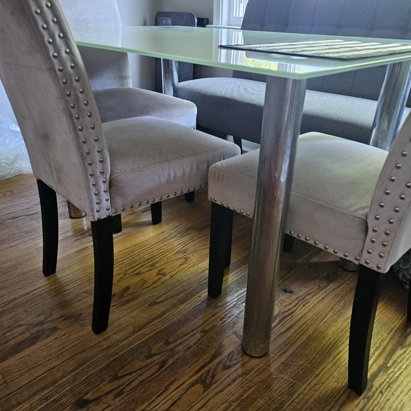 Glass Dining Table with 3 Chairs and Bench