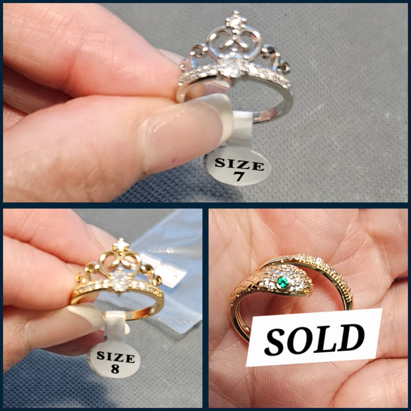 Crown Ring with Rhinestones - Size 8 and Size 7