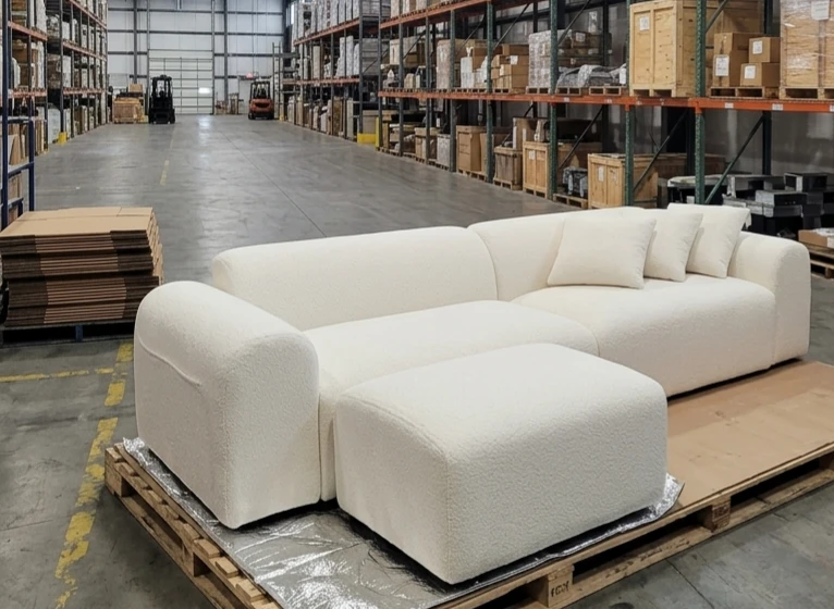 White Bouclé Sectional Sofa with Ottoman