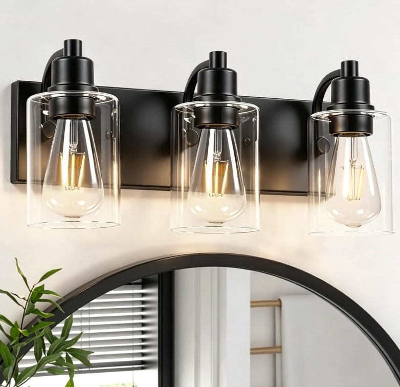 Black 3-Light Vanity Light Fixture with Clear Glass Shades