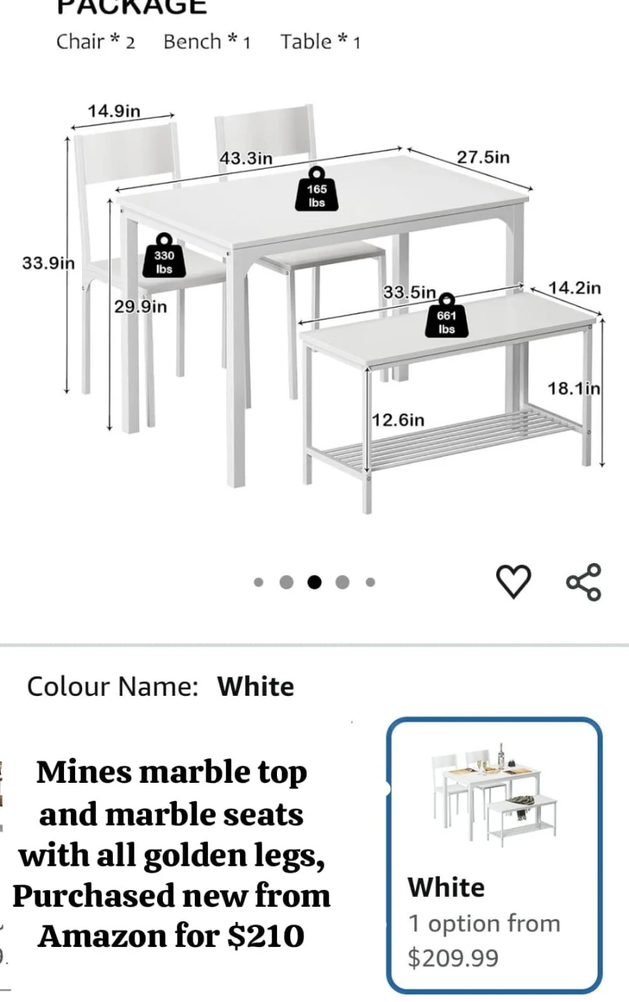 White Dining Set - Table, 2 Chairs, Bench - photo 2