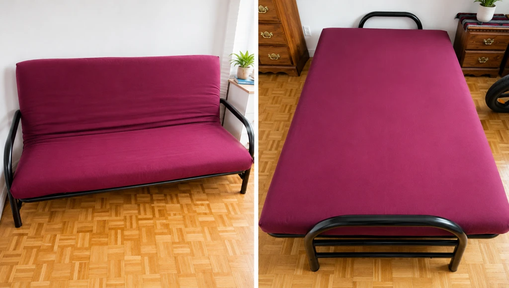Foldable metal frame futon bed with extra double size mattress