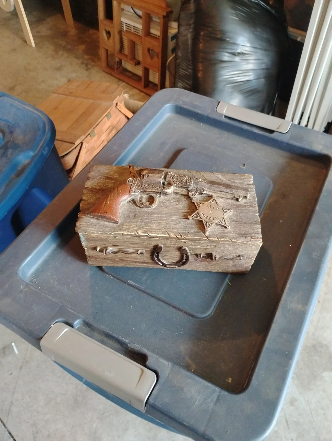 Decorative Wooden Box with Sheriff Star and Revolver