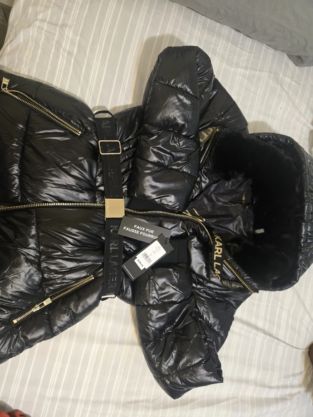 Karl Lagerfeld Black Puffer Coat with Faux Fur Hood