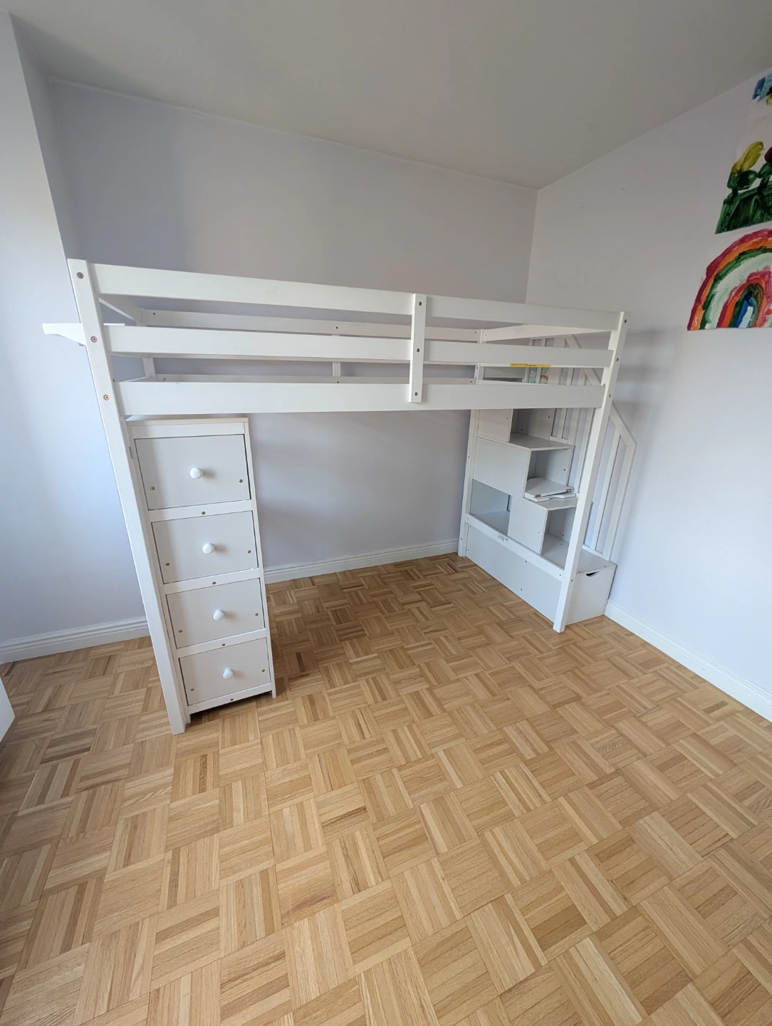 White Loft Bed with Stairs and Storage