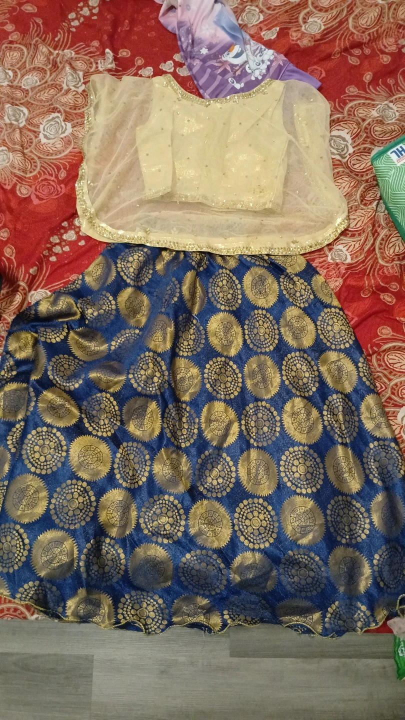 Girls Blue and Gold Brocade Skirt and Top Set